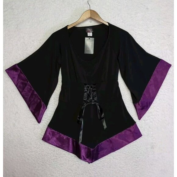 Dare To Wear Treasure Top In Plum/Black Bell Sleeve Gothic Top Women's Sz M NEW - Picture 13 of 14